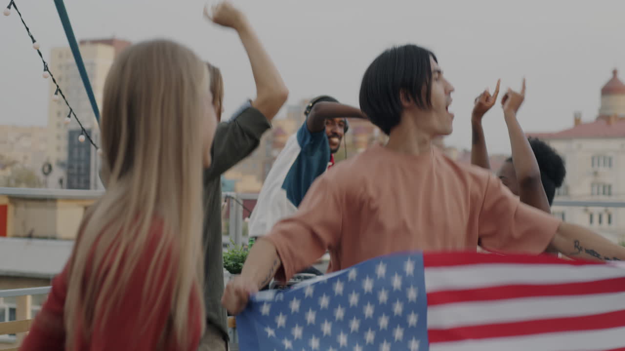 Rooftop Party Celebration with American Flag