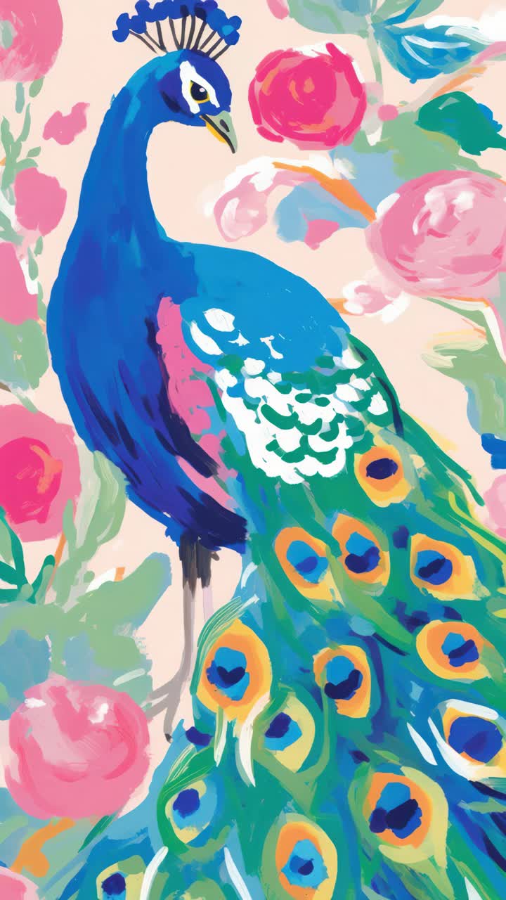 Vibrant illustration of a peacock amidst flowers, captured from a side angle