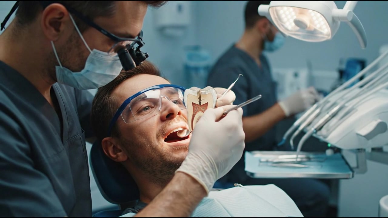 Dentist Explaining Dental Procedure to Patient Using Tooth Model