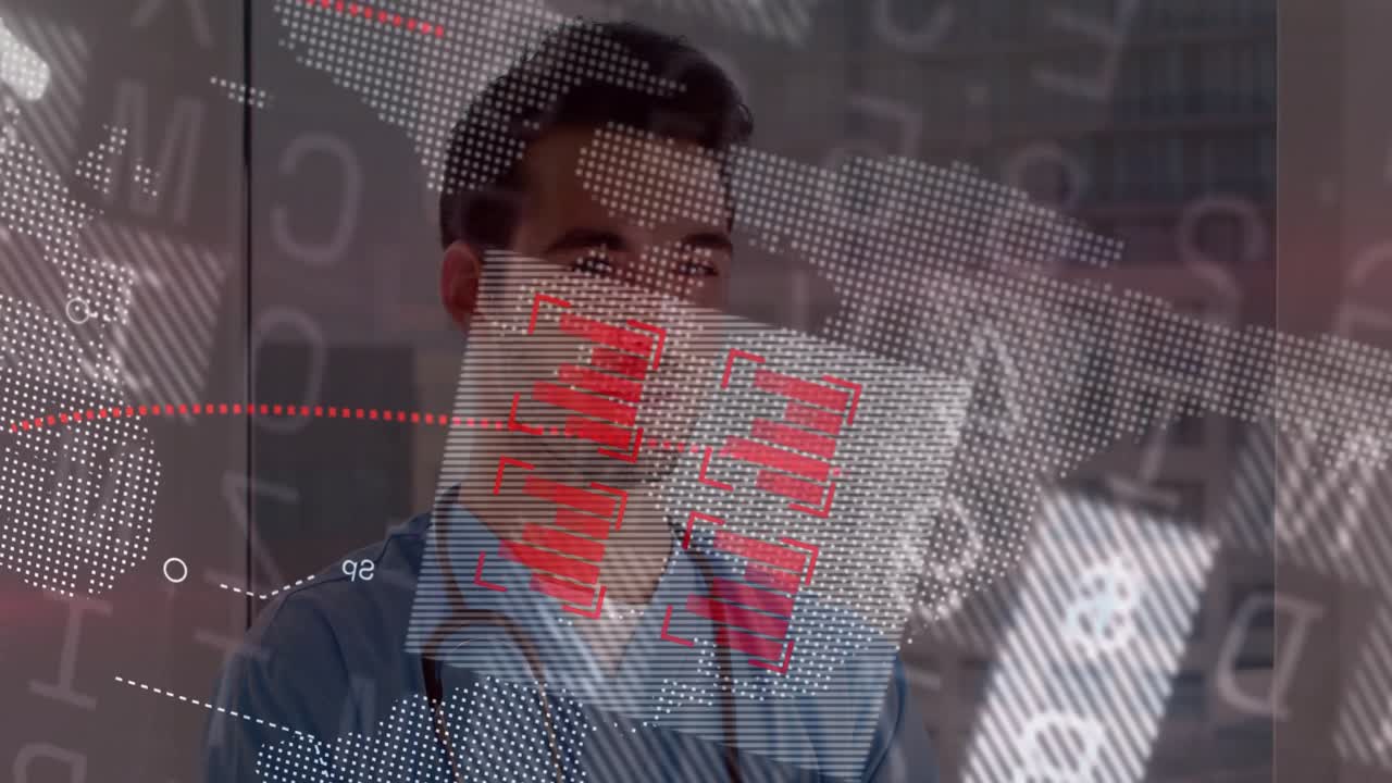 Doctor uncrossing arms and studying hotspot bar charts emerging from data overlays on glass wall