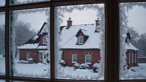 snowy house through a frozen window