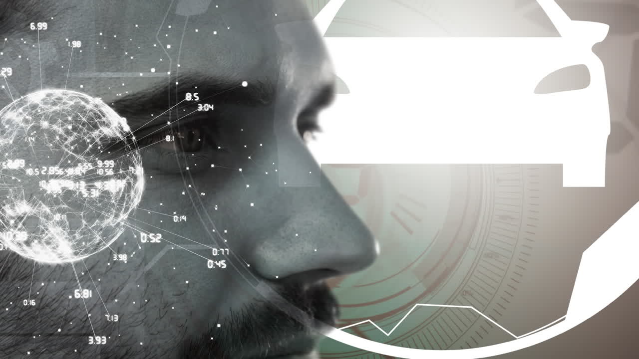 animación del globo con una red de conexiones sobre la cara del hombre