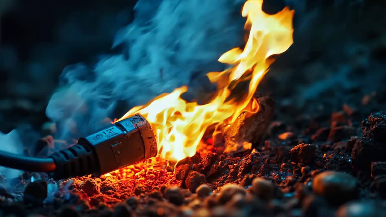 검은색 전원 케이블이 어두운 곳에서 불에 여 있습니다.