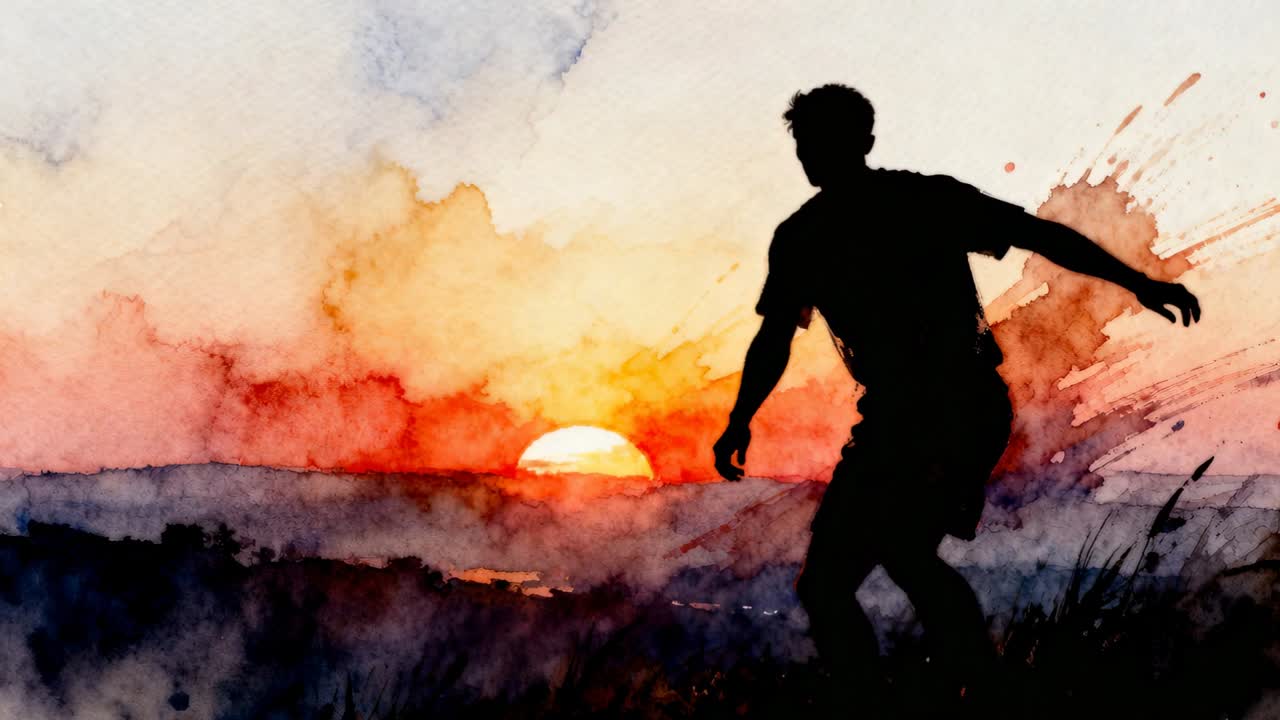 Uomo che sposta il peso e fa un passo mentre il sole scende, con schizzi d'acquerello che guidano l'equilibrio per il design.