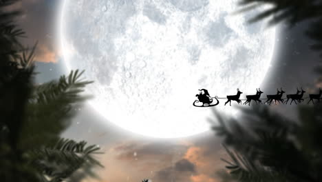 animación de santa claus en trineo con renos pasando sobre la luna y los árboles