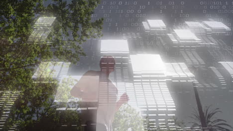 senior man jogging outdoors under green trees, overlaying binary code and grid for tech design