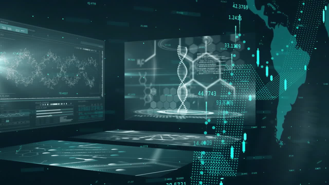 Animation of digital DNA strands processing on futuristic computer screens