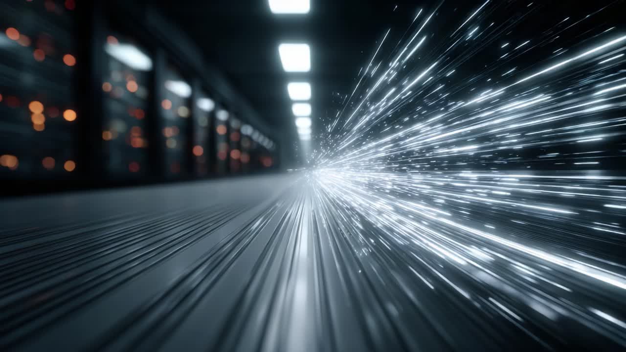 Effetto dinamico di velocità della luce che mostra il movimento rapido attraverso un ambiente tecnologico con sfondo sfocato e un'estetica futuristica
