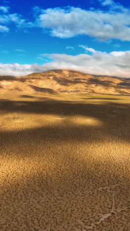 dry deserted land with some spots of desert plants. clouds float by the sky and throw shadows on the landscape. top view. vertical video