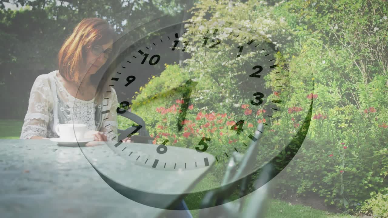 Clock overlay driving woman tapping tablet, writing notes, sipping coffee in garden for business