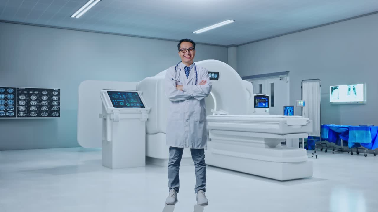 Full Body Of Asian Male Doctor Crossing His Arms And Smiling With MRI Machine In The Hospital
