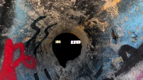 camera moves steadily through a round, graffiti-lined tunnel toward a barred window, revealing dim interior lighting and weathered concrete walls in a historic fort
