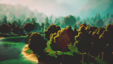 paisaje de dibujos animados con colinas y bosques