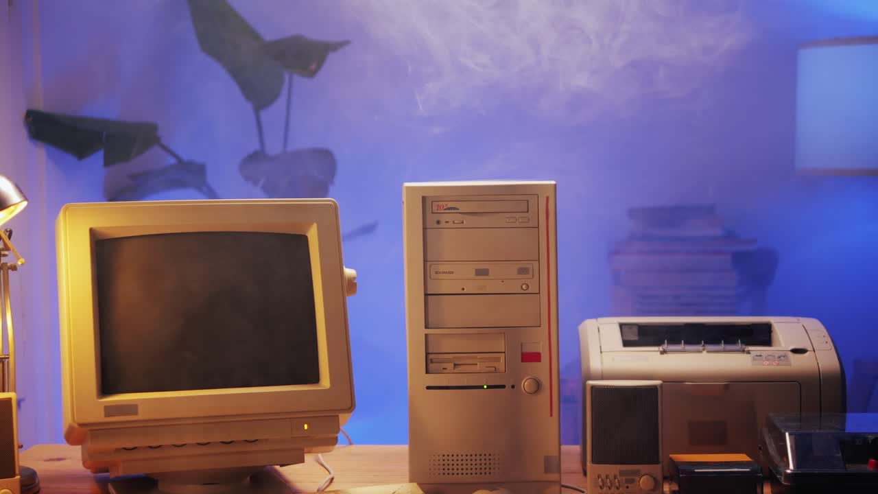 Retro pc computer gaming, Desktop vintage with loading code console, programmer making scripts, green basic screen, Old computer studio close-up, retro wave display, late 90s PC.