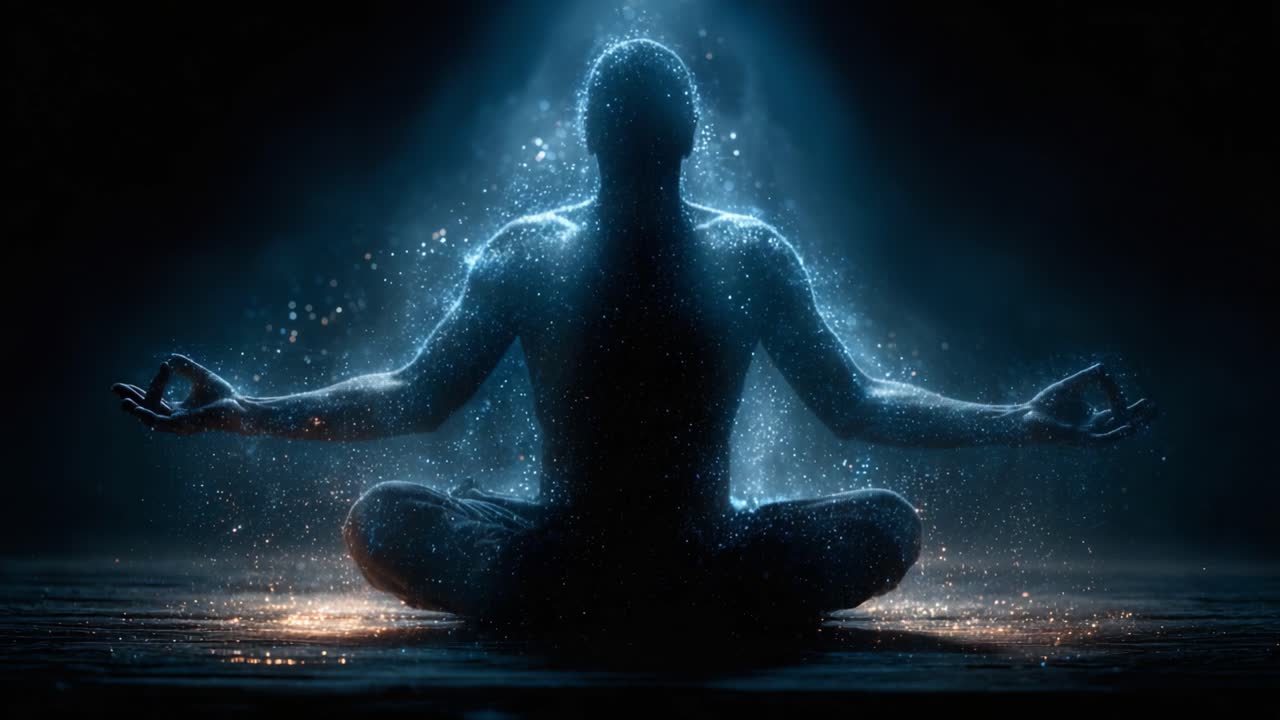 Un sereno momento di meditazione illuminato da una luce eterea e un'energia cosmica, che cattura l'essenza della pace interiore e del risveglio spirituale
