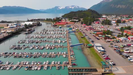 4K-Drone-Video-of-Fishing-Boats-in-Valdez-Harbor-in-Valdez,-Alaska-during-Sunny-Summer-Day