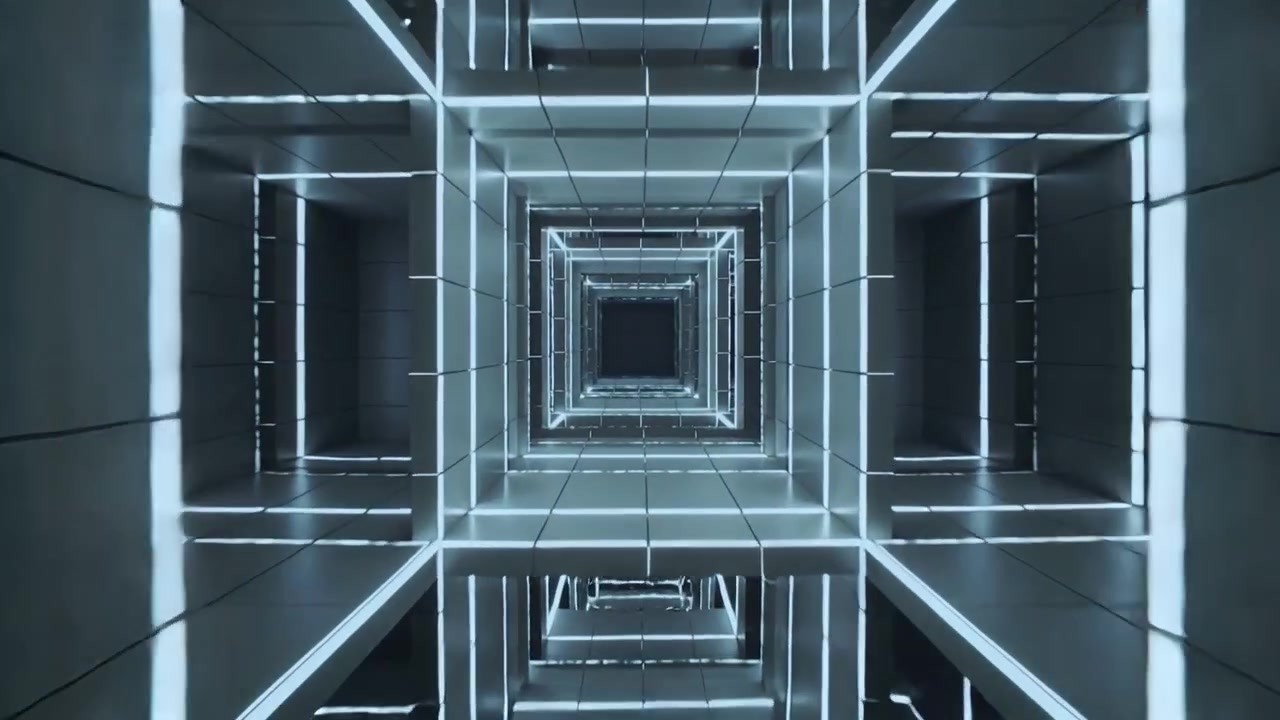 Frames moving, camera moving forward, filming nested squares showing depth in corridor with mirrors