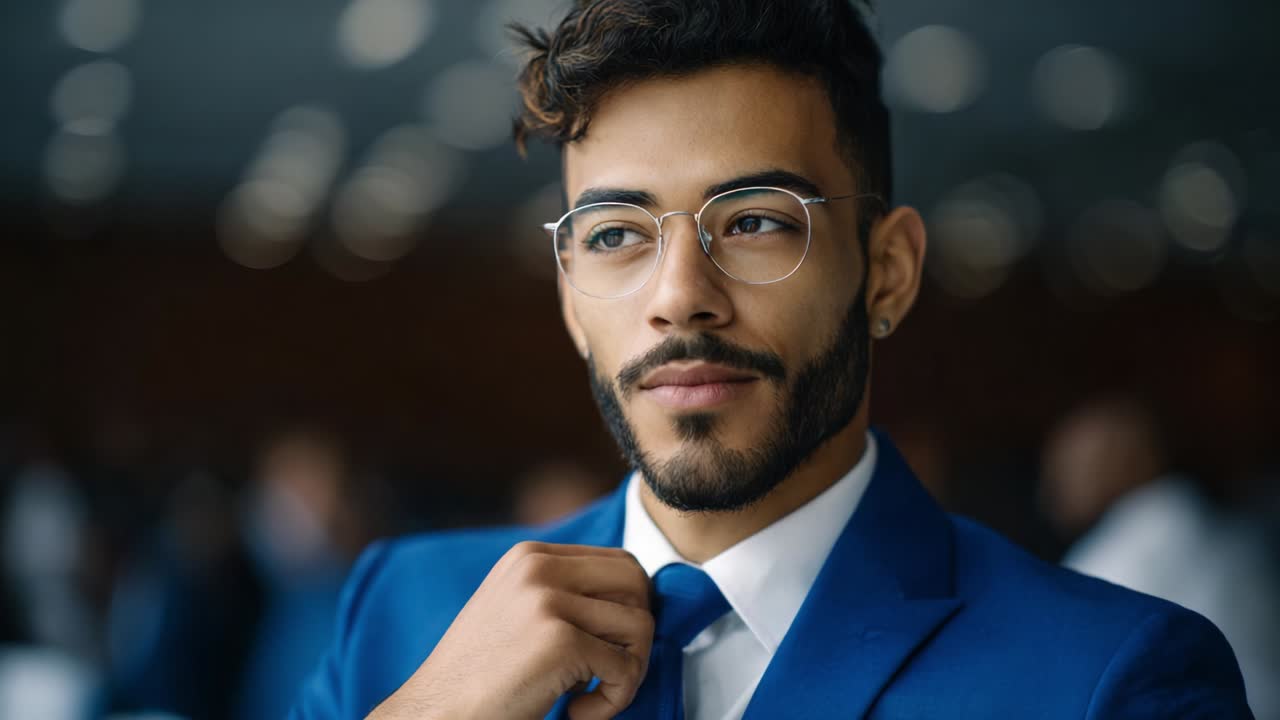 Uomo sicuro di sé in un abito blu: emana professionalità e carisma in un ambiente elegante, immerso nei suoi pensieri, pronto ad affrontare le sfide e a lasciare un'impressione duratura in occasione di un evento importante