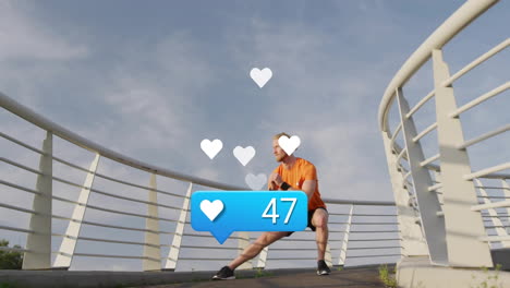 stretching on bridge, man with social media likes animation over him