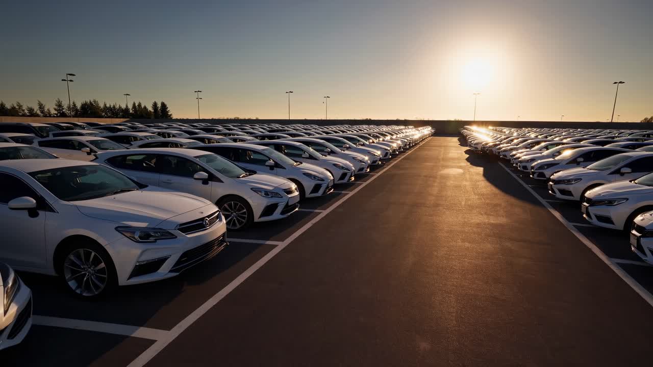 Rows of identical white cars parked neatly in a large parking lot at sunset, highlighting a striking sense of order and uniformity in the automotive landscape