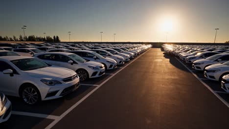 rows of identical white cars parked neatly in a large parking lot at sunset, highlighting a striking sense of order and uniformity in the automotive landscape
