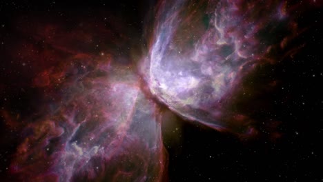 seamless looping traveling through star fields in space at bug nebula or butterfly nebula or caldwell 69. 4k motion loop animation for science, astronomy, nebula, outer space exploration concept.