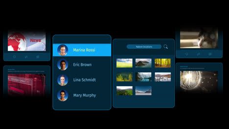 Animation of interface with social media posts and people profiles on black background
