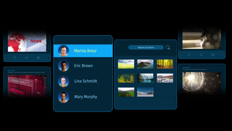 animation of interface with social media posts and people profiles on black background