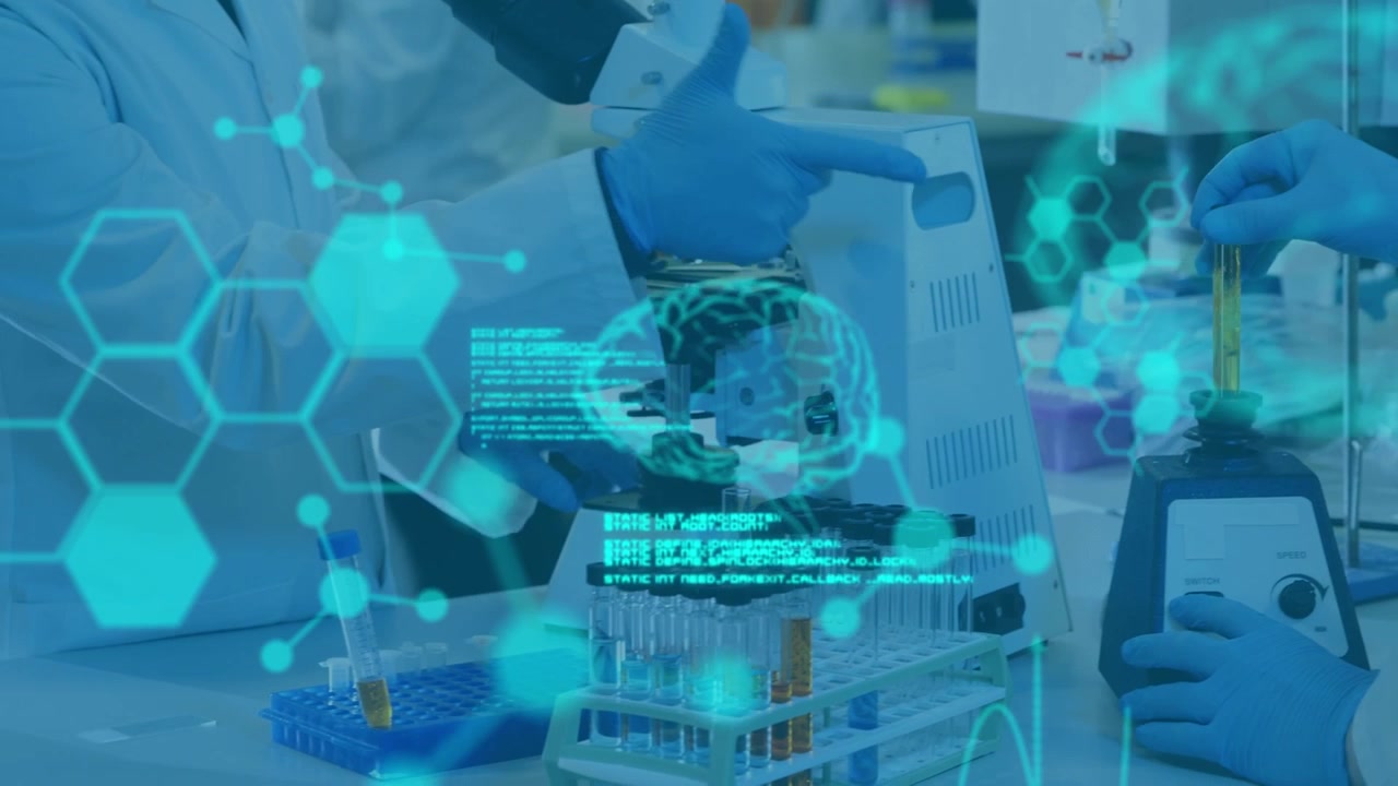 Animation of human brain and scientific data processing over scientists in laboratory