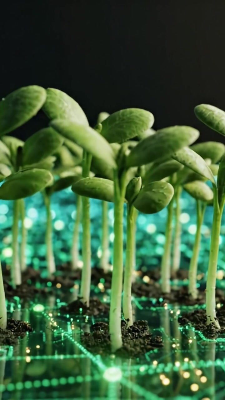 Eine harmonische Mischung aus Technologie und Natur: Die Transformation digital verbesserter Wachstumsumgebungen, die aufkeimendes Pflanzenleben vor einem futuristischen Schaltkreis-Hintergrund zeigt.