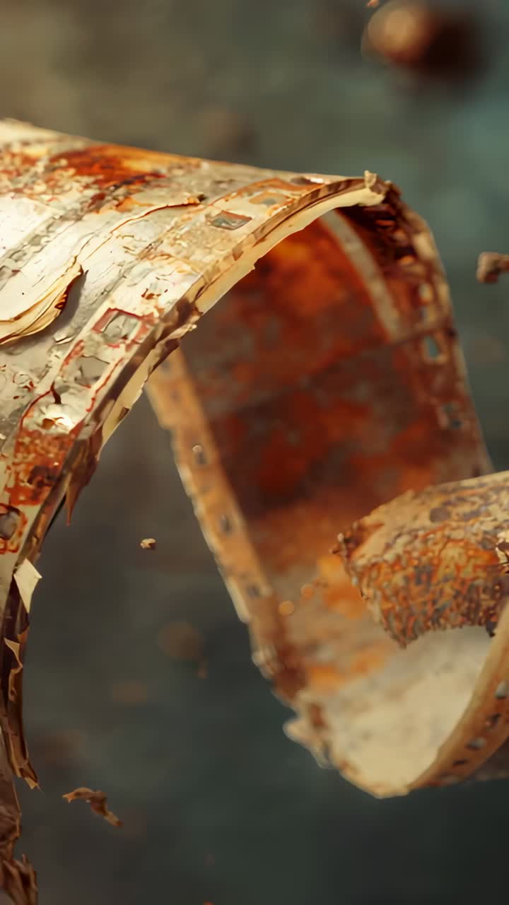 Vertical video: Unfolding curled film strip turning in macro, showing rusty emulsion, flakes, bokeh