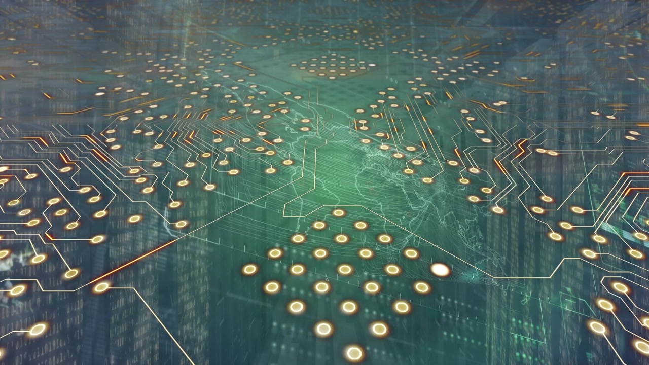 Animation of integrated circuit over world map on green digital screen