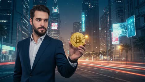 a confident young businessman holding a golden bitcoin in a vibrant city setting, emphasizing the future of cryptocurrency investment and digital finance