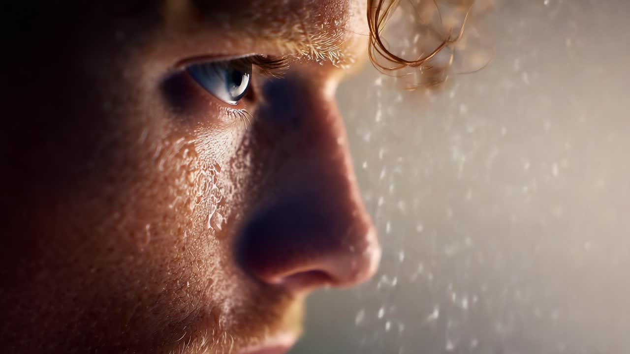 Close-Up of a Person's Face Highlighted by Water Droplets, Capturing Genuine Emotion Through Intense Focus and Reflection in a Stunning Shot
