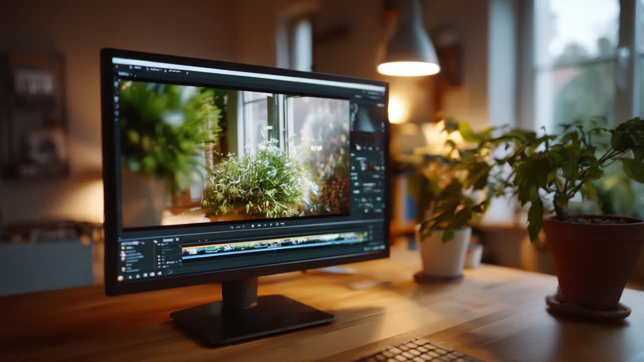 Modifica di una scena video con vegetazione lussureggiante su un monitor di computer che mostra la luce naturale in un ambiente di area di lavoro accogliente