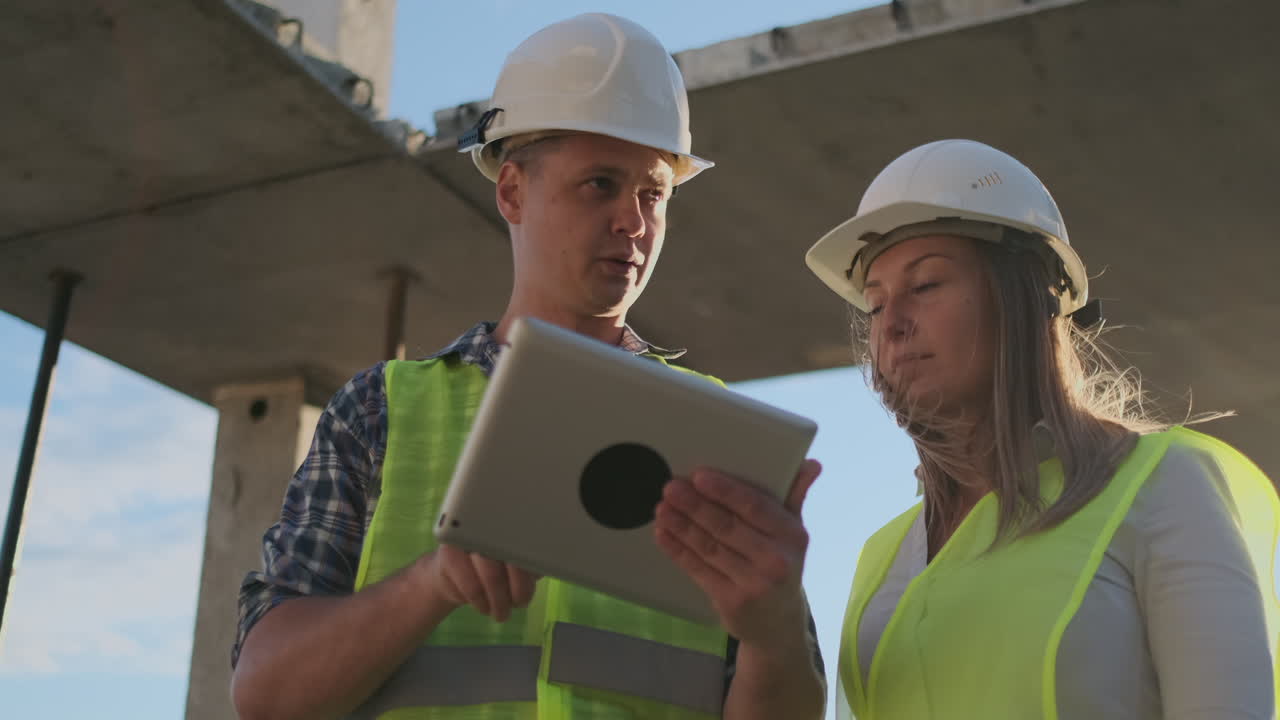 dos ingenieros un hombre y una mujer con cascos blancos con una tableta en el sitio de construcción condenan el plan de construcción del edificio