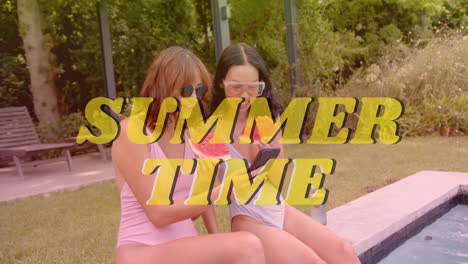 summer time text animation over women in swimsuits sitting by pool