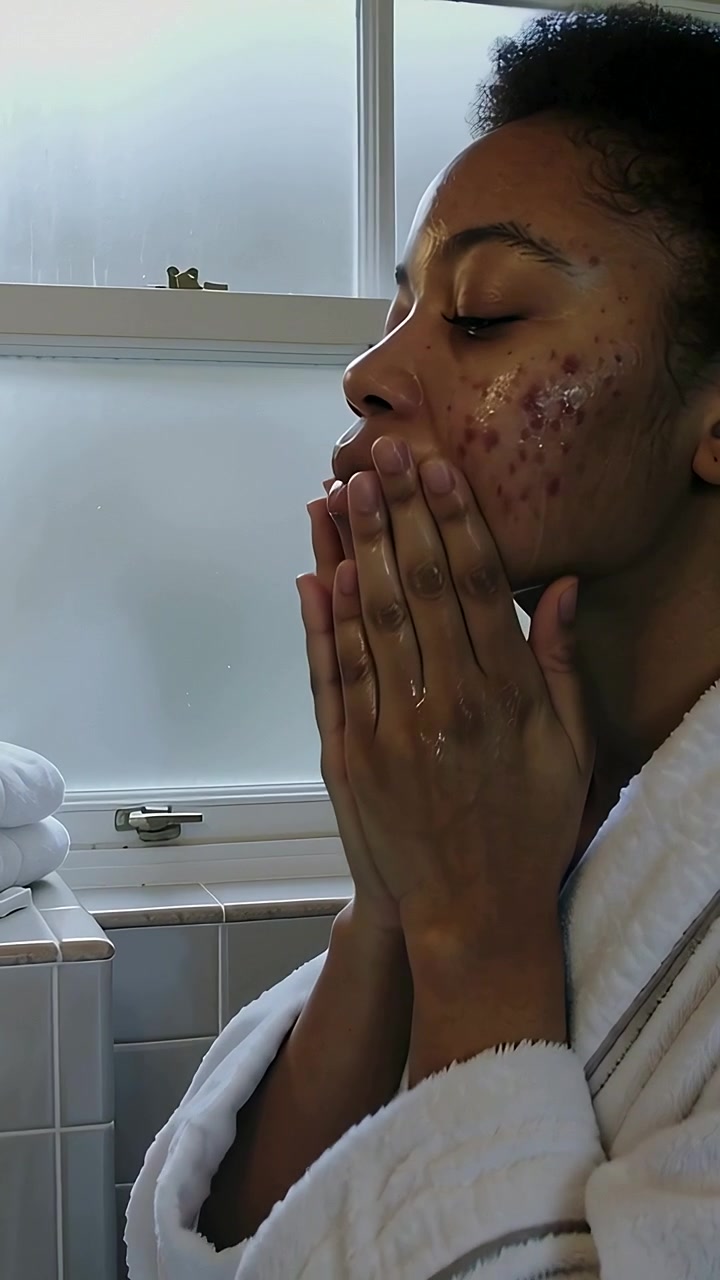 Vídeo vertical: Torneira aberta fazendo uma mulher de roupão branco colocar água nas mãos e levar ao rosto na pia para enxaguar