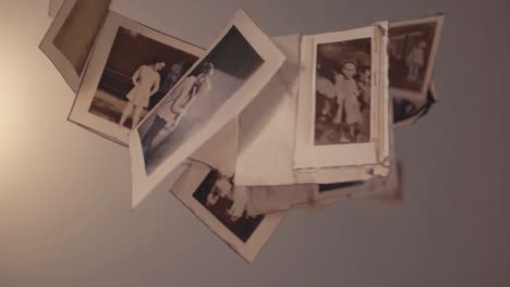 vintage photos hanging in mid-air, captured from a low angle