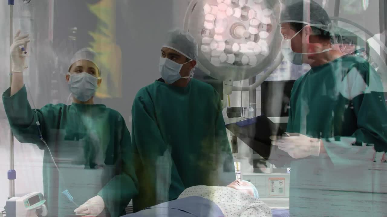 다양한 외과 의사들과 대화하는 사람들을 고 있는 애니메이션