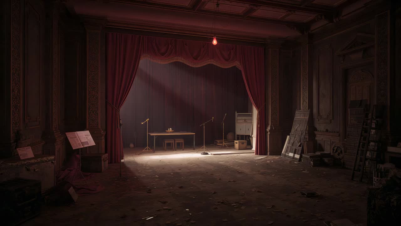 Opening red curtain revealing wooden stage at neglected theater, with microphone stands and cable
