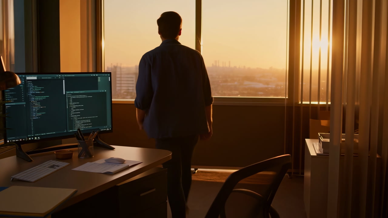 Programmer Standing By Window At Sunset, Coder Turning From Dual Monitors Filled With Code, Silhouette