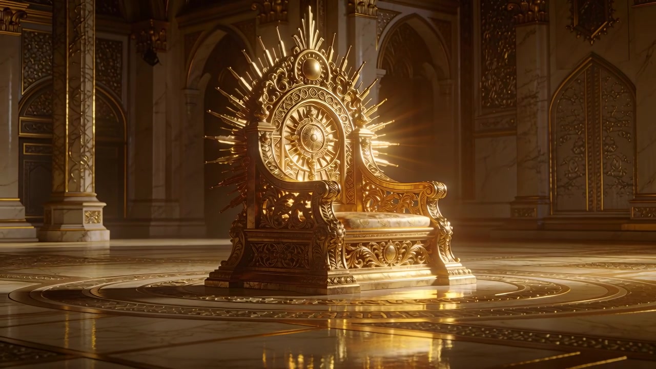 Die Kamera fährt zurück und enthüllt einen verzierten goldenen Thron auf einem runden Medaillon in einer Palasthalle, beleuchtet von warmem Licht.