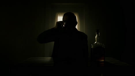 Silhouetted Figure Drinking Alcohol in a Dark Room