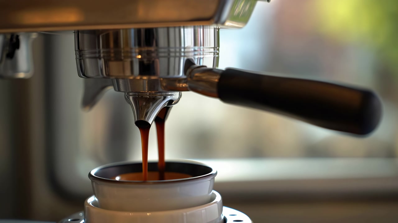 Vista em close-up da extração de espresso com dois jatos escuros a fluir dos bicos cromados do porta-filtro para chávenas brancas de cerâmica empilhadas, criando um creme rico e pequenas gotas durante o serviço de café num café