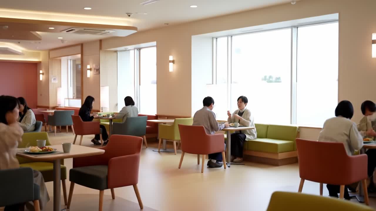 A Bright and Inviting Dining Space with Modern Furniture Where People Enjoy Meals and Engage in Conversations, Creating a Warm Community Atmosphere