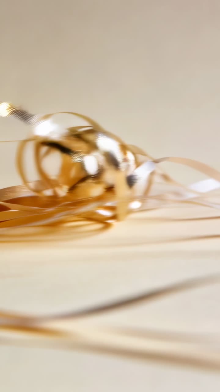 Video verticale: Un sottile strumento che spinge una perla su un tavolo beige, con nastri d'oro e d'argento che si arricciano