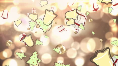 animación de campanas que caen, regalos y árboles de navidad, sobre luces bokeh