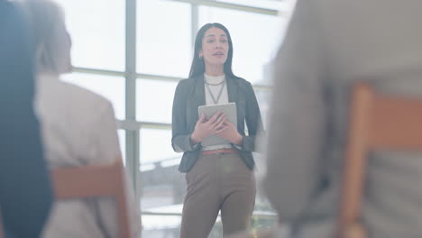 tablet, question and a business woman giving