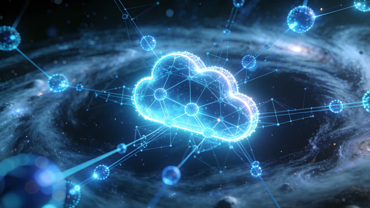 Vertical video: Cloud icon forming pulsing and streaming particles along links showing tech network